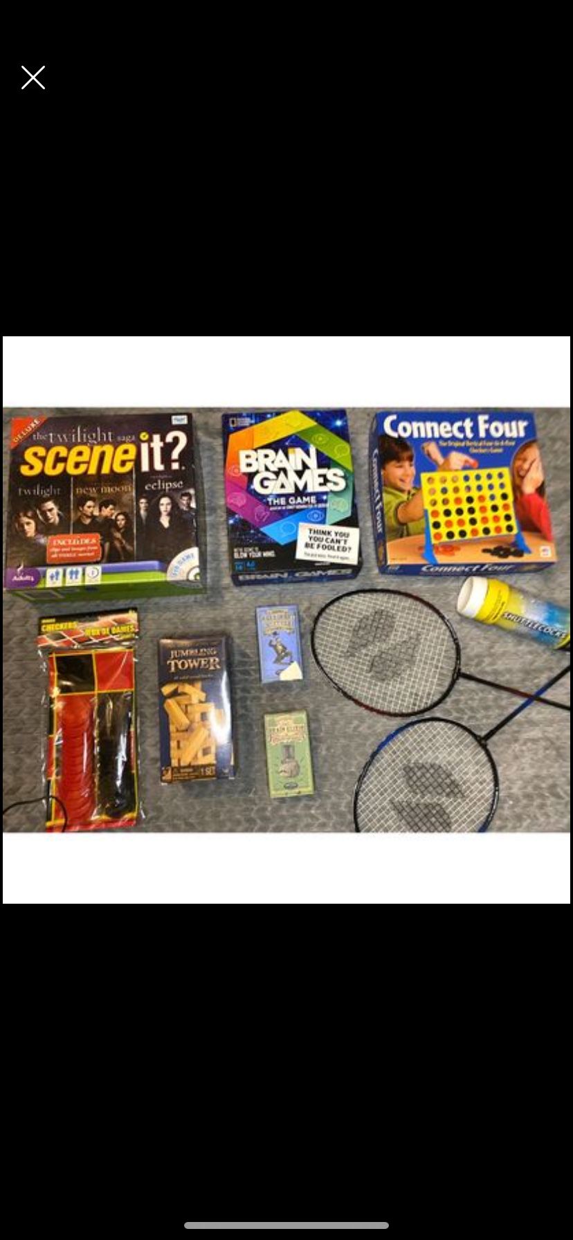 Family Game Bundle, 4 Board Games, Badminton, Jenga, 2 Brain Teasers/Riddles