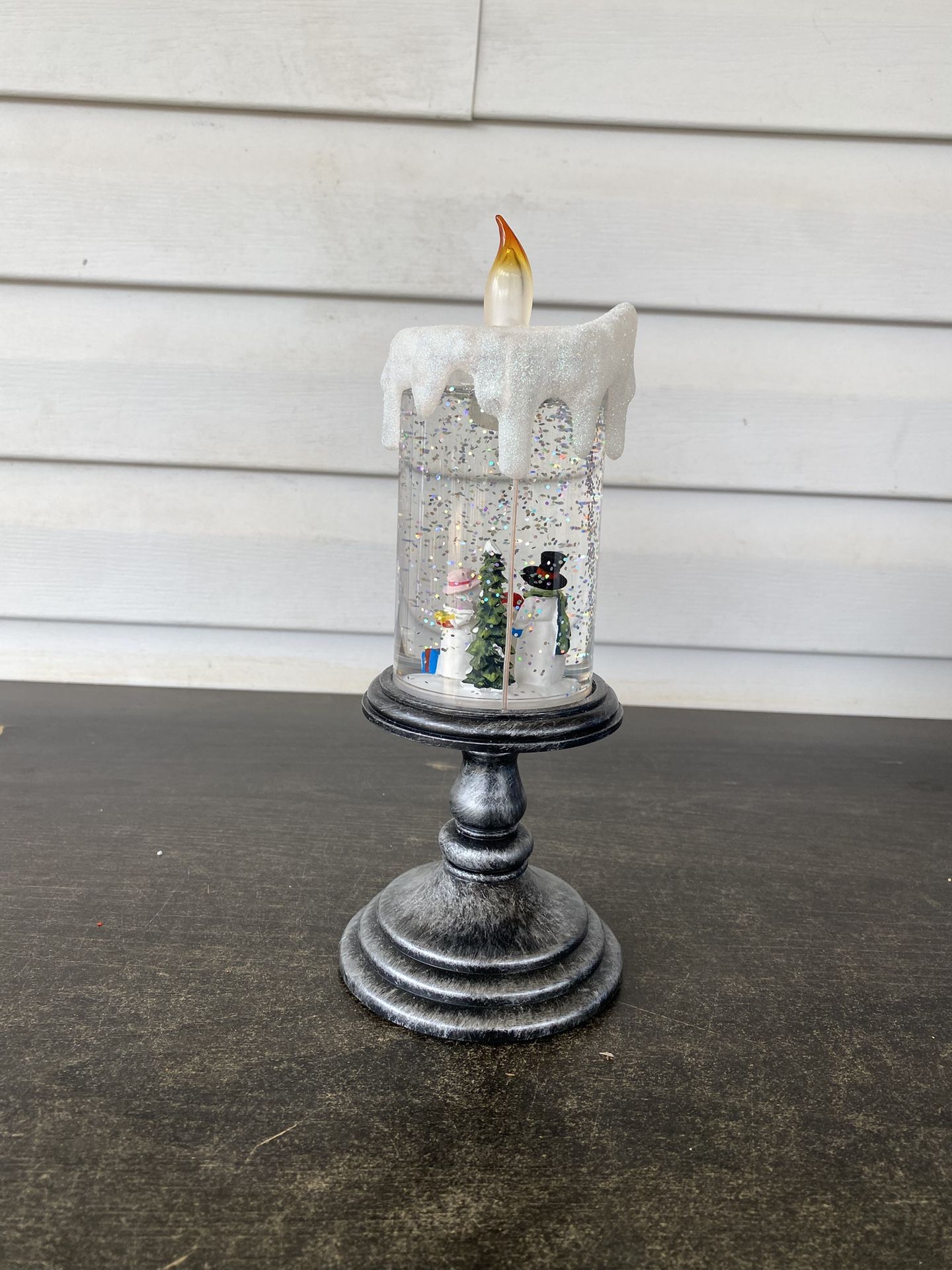 FLICKERING Lighted CANDLE SNOWMAN WATER SNOW GLOBE on HOLDER