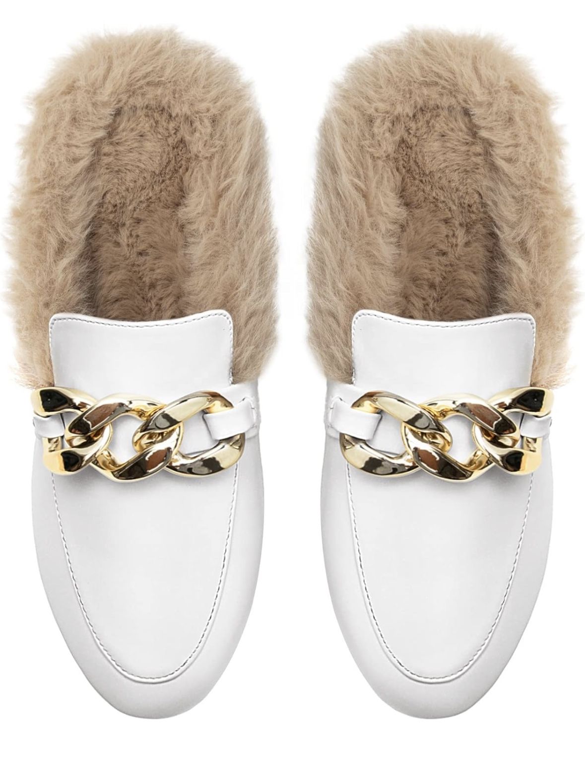 Women's Flat Mules Backless Slip on Slides Loafers Chain Closed Toe Fur Mules - Size 9