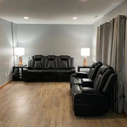 Black Leather Theater Couches Brand New LED Lighting & Surround Sound End Tables Included 