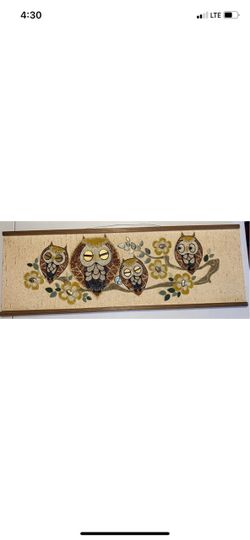 Rare 1960's Vtg MID CENTURY MODERN OWL FAMILY GRAVEL PEBBLE MOSAIC WALL ART