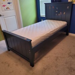 Blue Twin Bed Frame, Mattress, and Matching Dresser Set