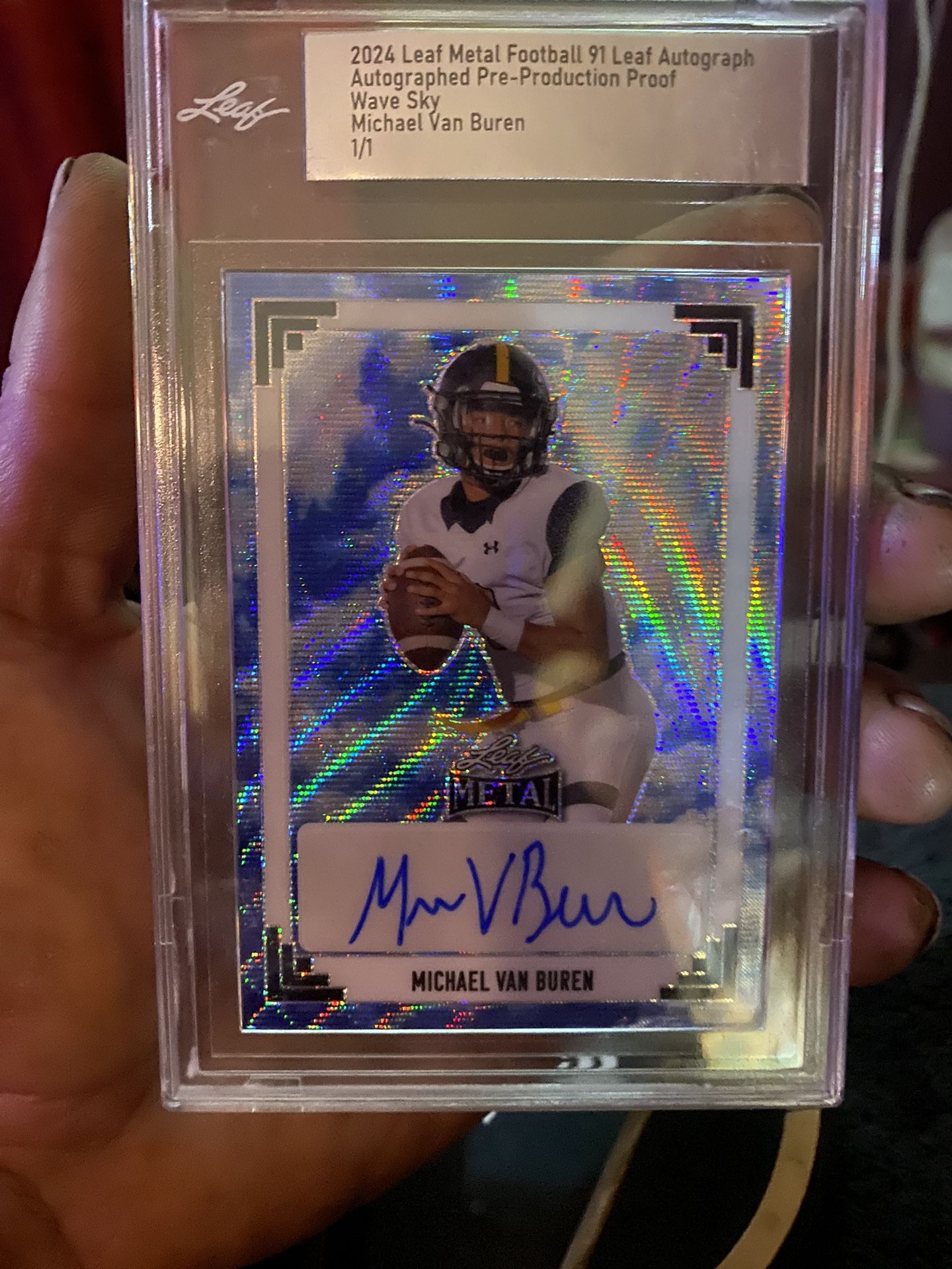 One of one 2024 leaf metal football number 91 leaf autograph pre-production proof