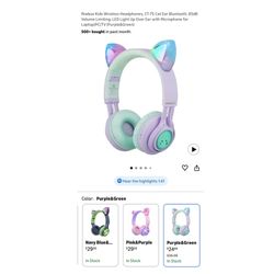 Brand new Kids Wireless Headphones, CT-7S Cat Ear Bluetooth, 85dB Volume Limiting, LED Light Up Over Ear with Microphone for Laptop/PC/TV (Purple&Gree