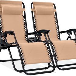 Set of 2 Adjustable Steel Mesh Zero Gravity Lounge Chair Recliners w/Pillows and Cup Holder Trays - Beige