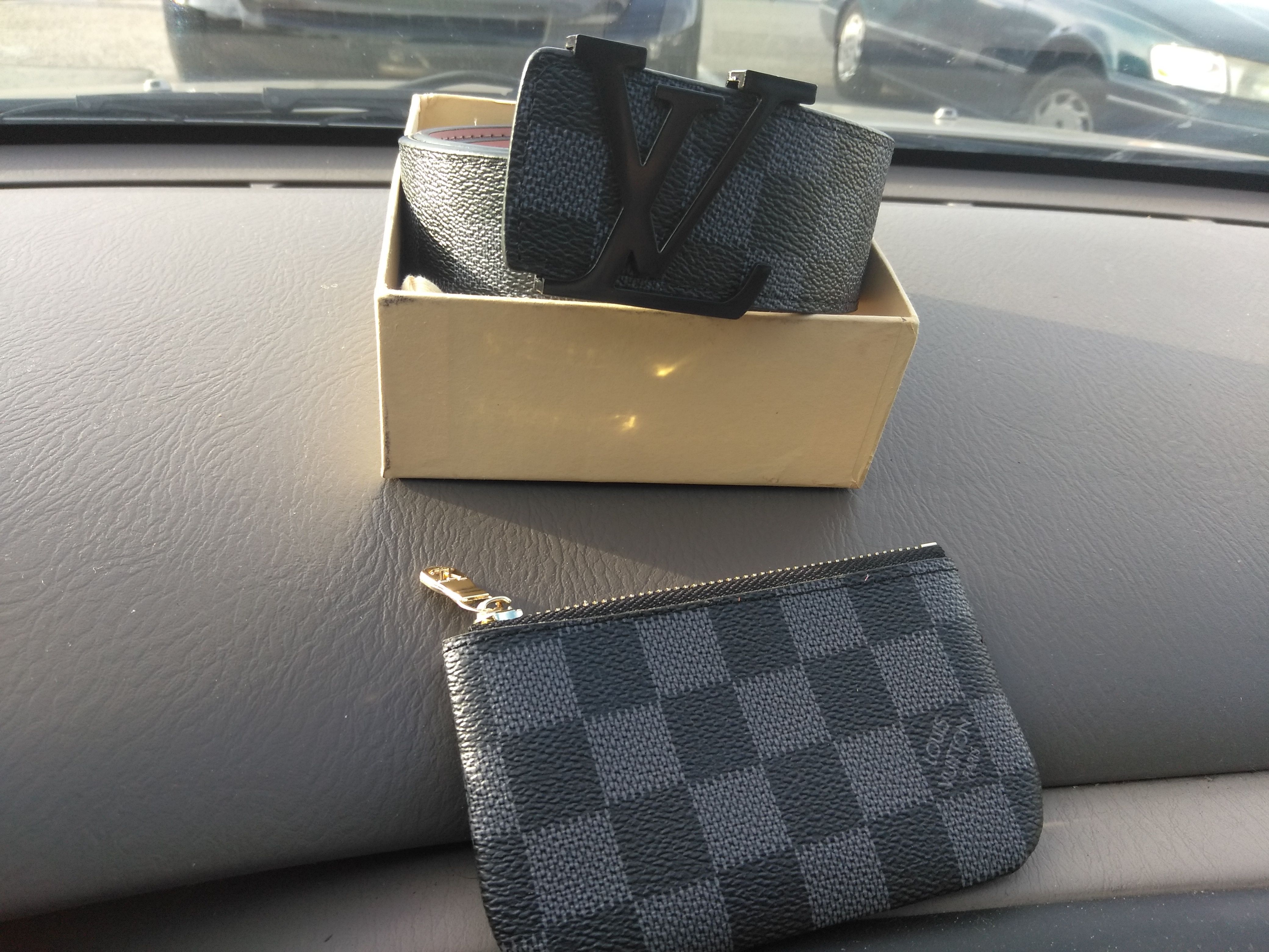 Louis Vuitton black and grey belt and pouch