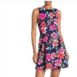 Vince Camuto Navy Floral Sleeveless Scuba Fit and Flare Dress 