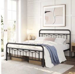 Full Size Black Metal Bed Frame with Headboard and Footboard