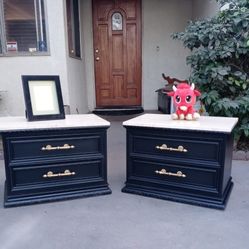 Pair Of 2 Drawer Nightstands - Solid Wood With Natural Stone Tops - Black With Gold And Beige