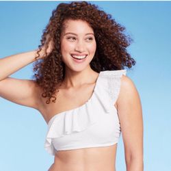 Kona Sol Women’s White Eyelet Ruffle One Shoulder Bikini Top Size L (12-4) NWT