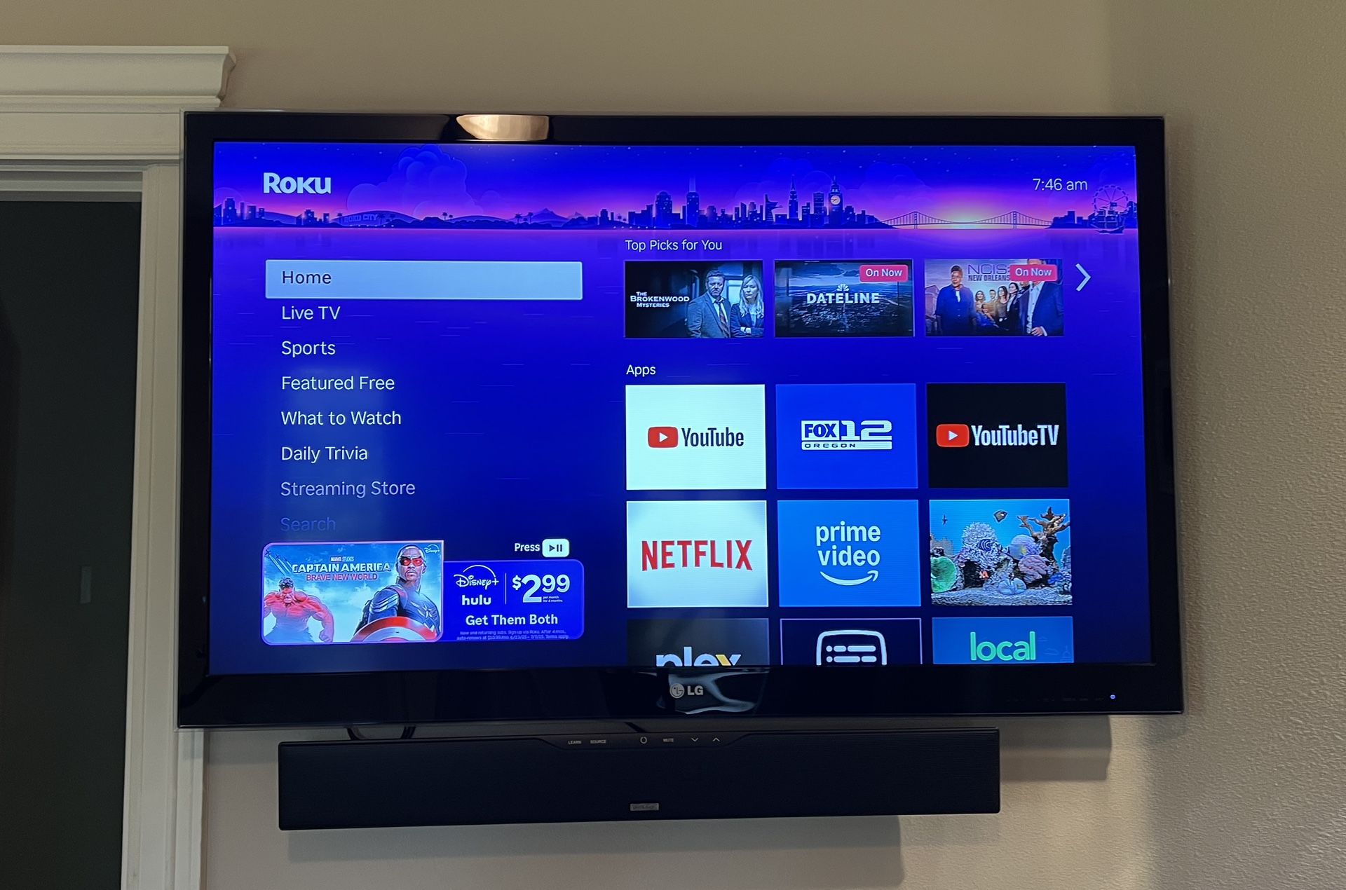 LG LED 46” TV With Sound Bar And Subwoofer 