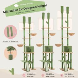 Floor-to-Ceiling Cat Tower, Adjustable from 85–112 inches. Fun multi-level climbing structure with hammocks, platforms, and scratching are
