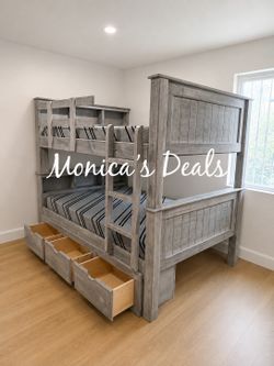 Solid Wood Full Bunk Bed With 3 Drawers And Both Memory Foam Mattresses $1,200