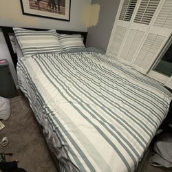 Queen size bed frame & Striped Bedding Set