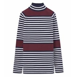 TORY BURCH SPORT Navy Blue White Red Tech Knit Stripe Turtleneck Long Sleeve Top