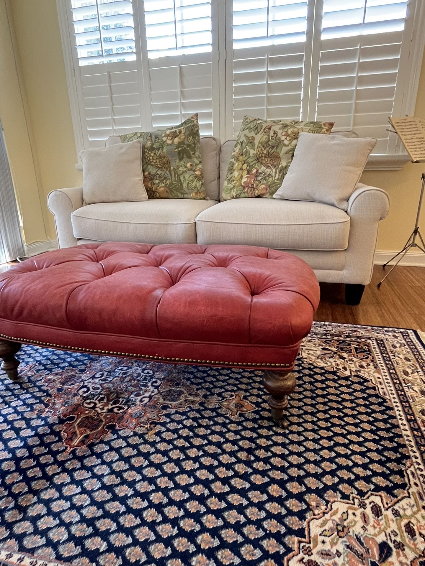 Red  Leather Ottoman With Casters 
