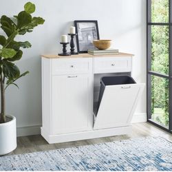 Double Tilt Out Trash Cabinet, Dual Kitchen Trash Bin Cabinet with Hideaway Drawer, Wooden Free Standing Recycling Cabinet Garbage Can Holder Dog Proo
