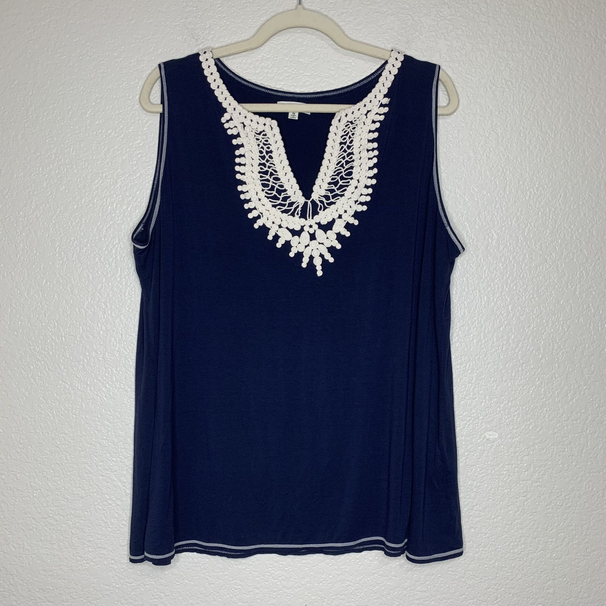 Max Studio Navy Blue Crochet Sleeveless Tunic Top