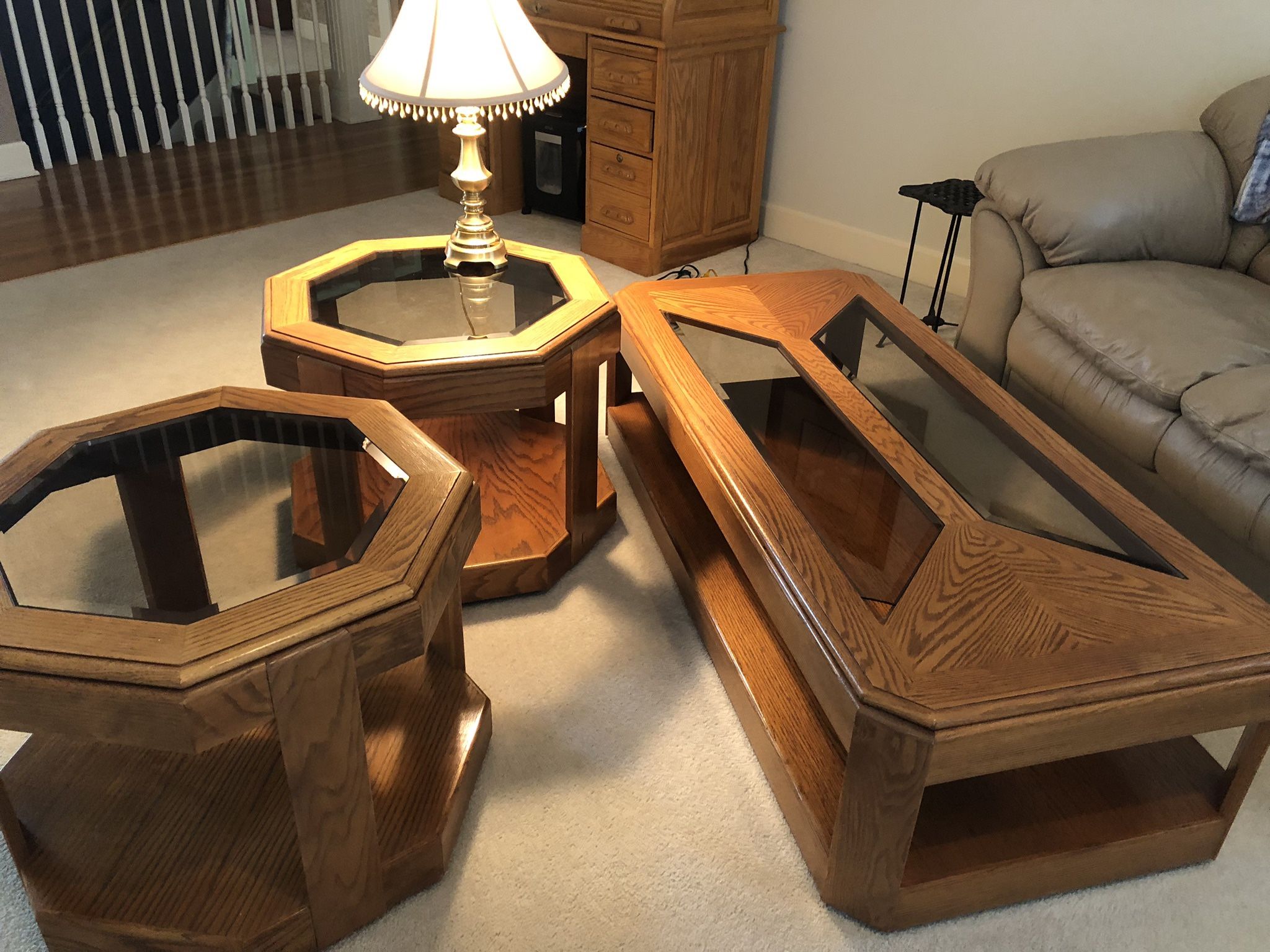 Solid Oak Coffee Table and matching end tables.
