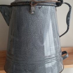Vintage Large Gray Graniteware Enamel Cowboy Coffee Pot W/Lid 