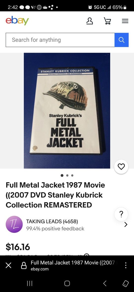 Full Metal Jacket 1987 Movie ((2007 DVD Stanley Kubrick Collection REMASTERED