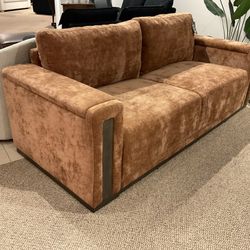 New rustic color fabric upholstered stationary Sofa by Studio Living.