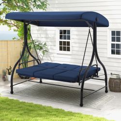 3-Seat Outdoor Large Converting Canopy Swing Glider, Patio Hammock Lounge Chair for Porch, Backyard w/Flatbed, Adjustable Shade, Removable Cushions - 