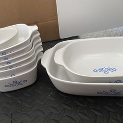 vintage CorningWare dishes in the iconic Blue Cornflower pattern.