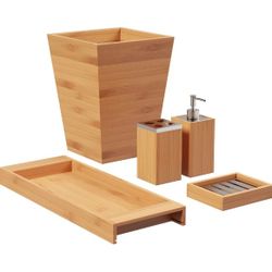 5 Pc. Bamboo Bath Set: Tray, Lotion Dispenser, Toothbrush Holder & Wastebasket A 