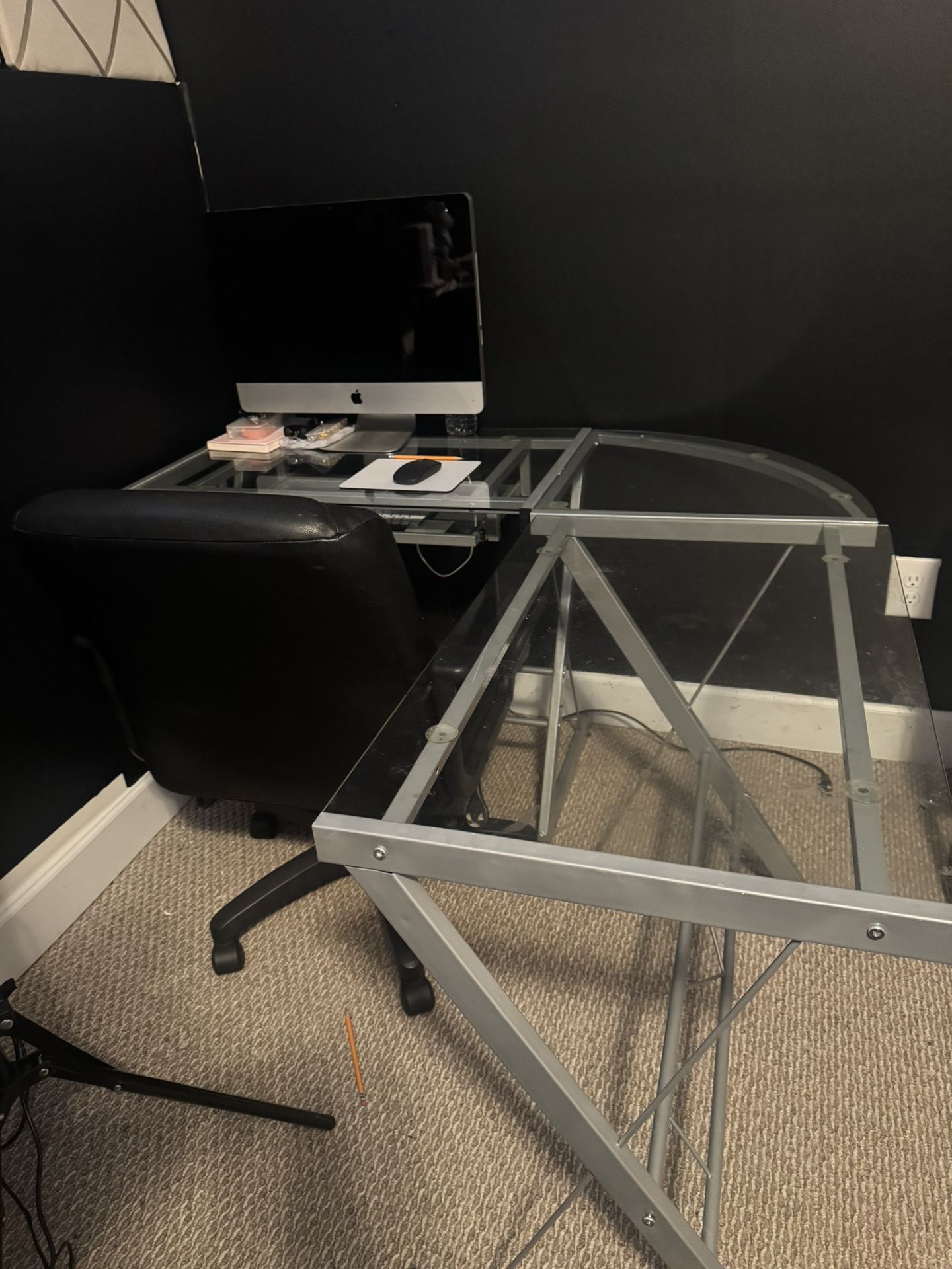 Glass Computer Desk And Black Leather Desk Chair With Wheels