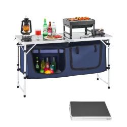  Camping Kitchen Table, Folding Outdoor Cooking Table, 3 Adjustable Height, Aluminum Lightweight Portable Cook Station with Storage Organizer, Carry H