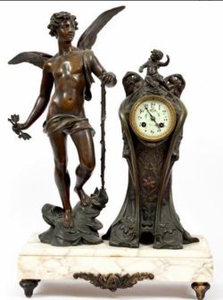 LARGE FRENCH ART NOUVEAU BRONZE FIGURAL CLOCK EARLY 20TH C., “CUPID”