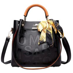 Elegant Women Tote Shoulder Bag with Scarf Black/Brown