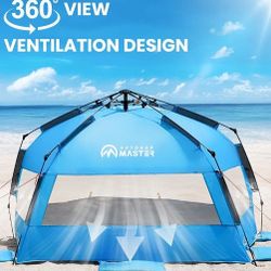 OutdoorMaster Beach Tent Sun Shelter for 3-4 Person, Pop Up Beach Tent Easy Setup with Sandbags, Portable Sun Shade Canopy with Carrying Bag for Beach