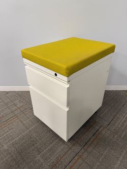 White BF Mobile Pedestal with Mustard Yellow Cushion