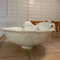 Vintage McKee Milk Glass Punch Bowl with 12 Cups
