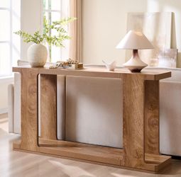 OKD 63 Inch Modern Entryway Console Table, 2-Tier Long Sofa Table Behind Couch with Curved Edge, Wood Farmhouse Narrow Entry Table for Hallway, Living