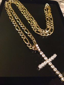 Gold over 925 Sterling Silver Diamond Cut Figueroa Chain (30") w/ Swarovski Crystal Cross (Gold over 925 Sterling Silver)