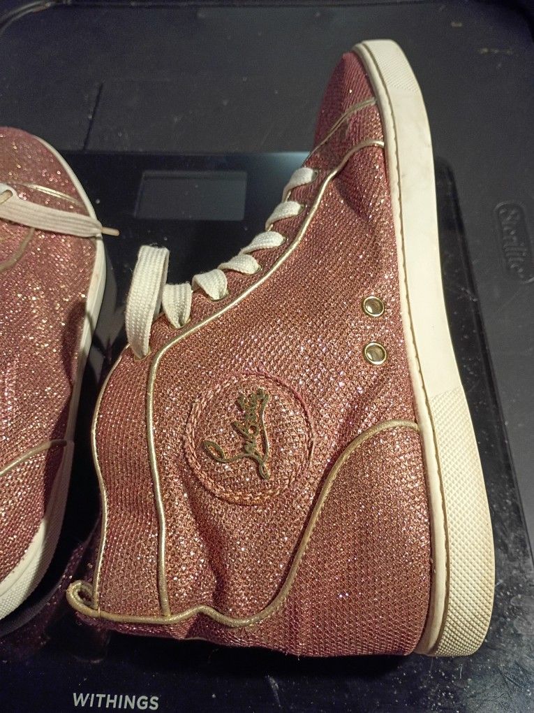 CHRISTIAN LOUBOUTIN DESIGNER PINK AND GOLD GLITTER HIGH TOP SPARKLE TENNIS SHOES SIZE 40 OR 9-9.5