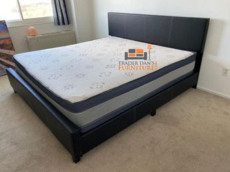 Brand New King Size Black Leather Platform Bed Frame +Pillowtop Mattress