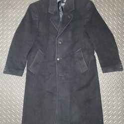 Mens Long Wool CASHMERE Coat Warm Silver Cloud Black Formal Size 38S Woven Italy