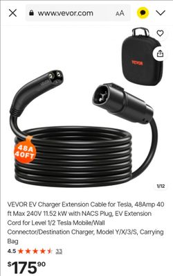 VEVOR EV Charger Extension Cable for Tesla, 48Amp 40 ft Max 240V 11.52 kW with NACS Plug, EV Extension Cord for Level 1/2 Tesla Mobile/Wall Connector/