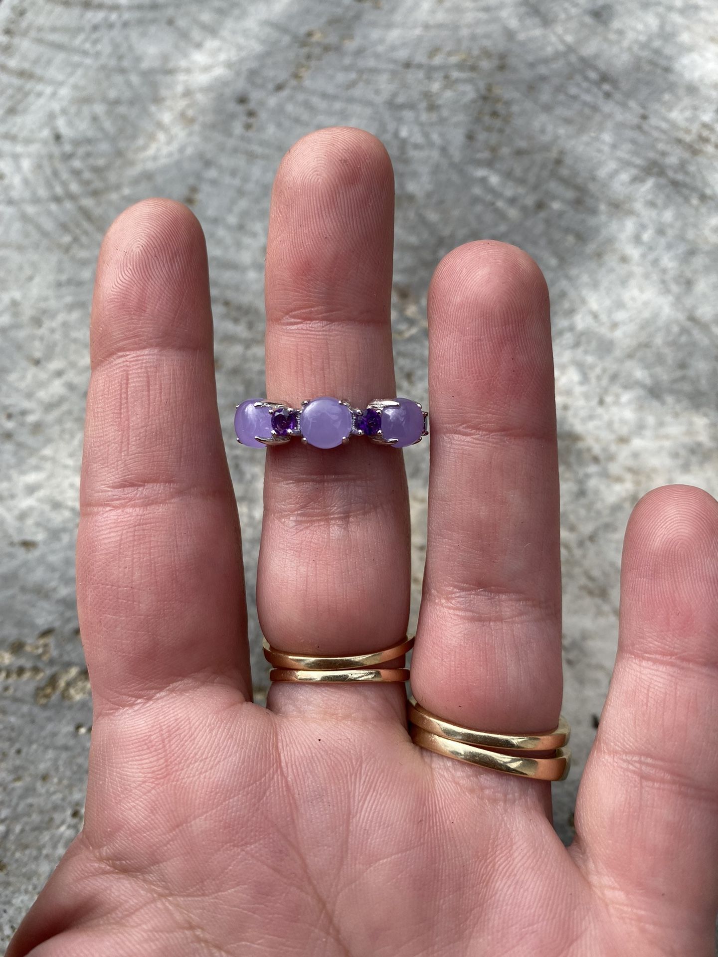 Purple Jade + Amethyst Stone 925 Sterling Silver Ring Size 7