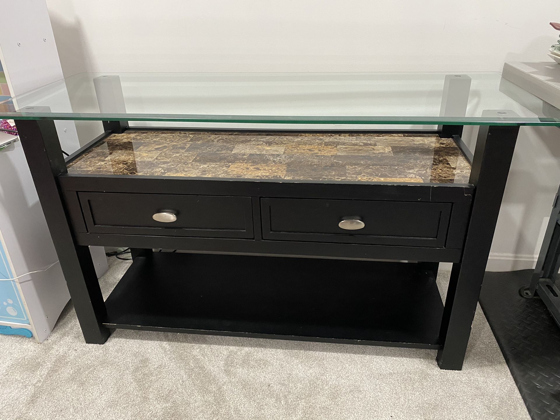 Glass top table with 2 drawers