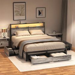 LED Bed Frame Full/Queen/King Size with Headboard & 4 Storage Drawers Platform Bed Frame with 2 Charging Outlets and 2 USB Ports Strong Metal Slats Su