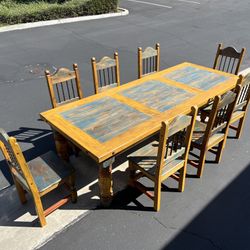 Mexican Southwest Rustic Hand painted Pine Wood Dining Table & Chairs 