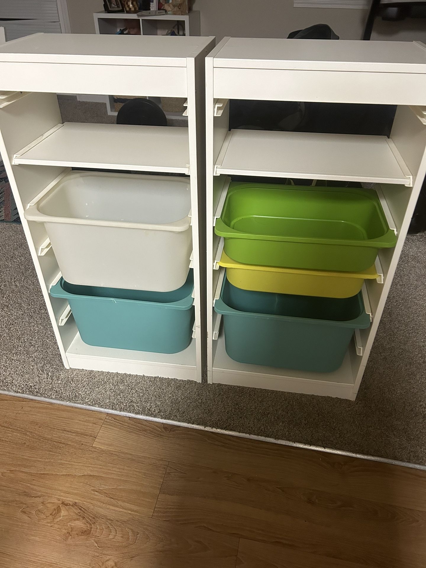 2 IKEA TROFAST Storage combination with boxes, white/multicolor, 18 1/8x11 3/4x37 "