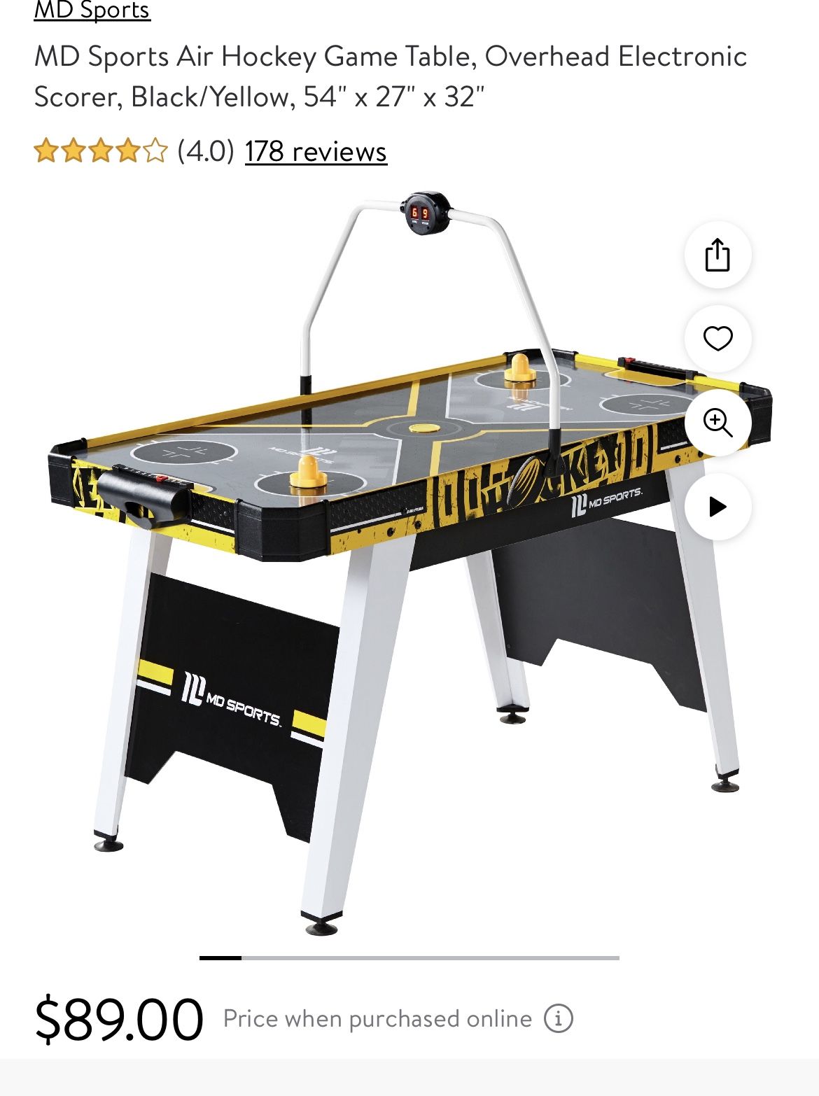 MD Sports Air Hockey Game Table, Overhead Electronic Scorer, Black/Yellow, 54" x 27" x 32"