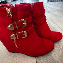 Red Faux Suede Forever High Top 3" Wedge Heel Zip Up Gold Ankle Booties Boots Size 8