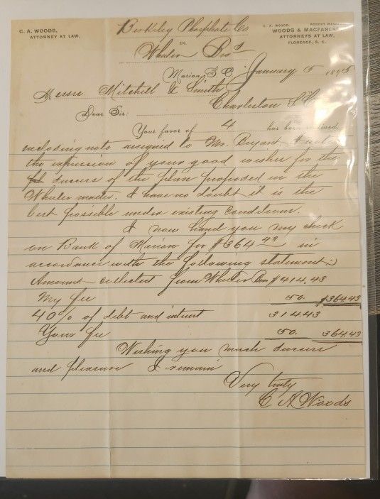 1895 Marion SC Legal Letter Re: Berkeley Phosphate vs. Wheeler Bros